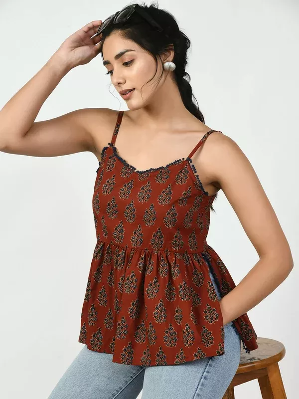Myshka Women's Rust Ethnic Motifs Printed Top - S