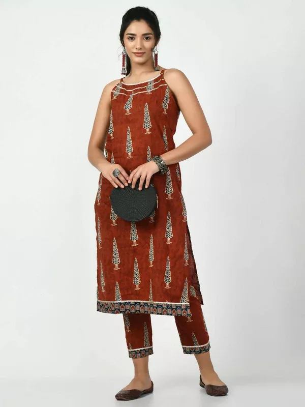 Myshka Women's Rust Printed Kurta With Trouser - S