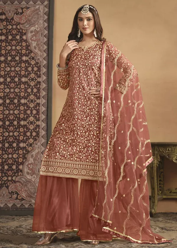 Net Rust Orange Embroidered Festive Gharara Style Suit - Emponline - S