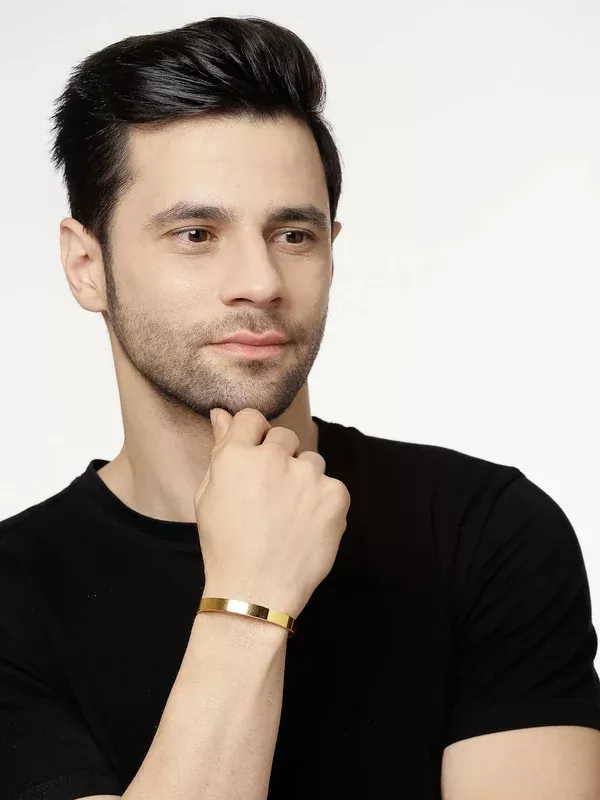NVR Men Gold Stainless Steel Cuff Bracelet - One size