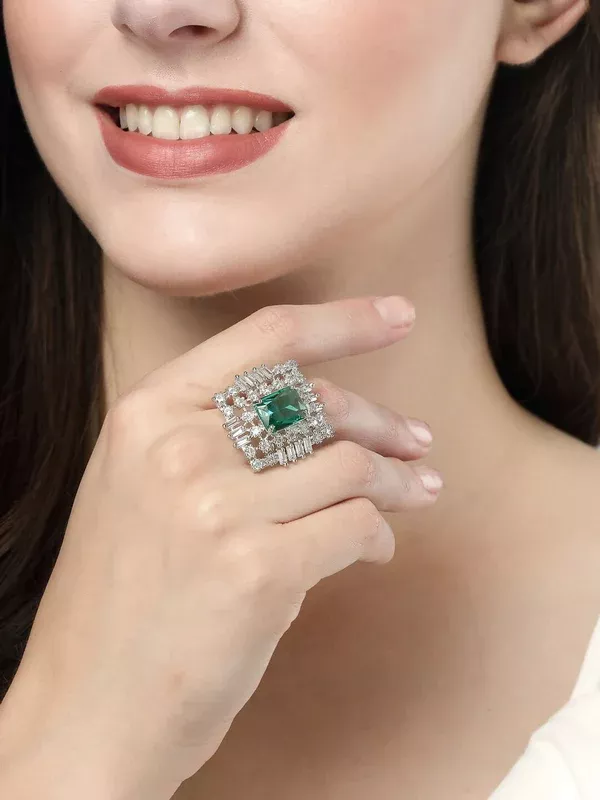 NVR Women's Green & Silver CZ-Studded Square-Shaped Adjustable Finger Ring - Adjustable