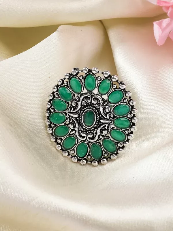 NVR Women's Green Silver-Plated Circular Shape Adjustable Finger Ring - Adjustable