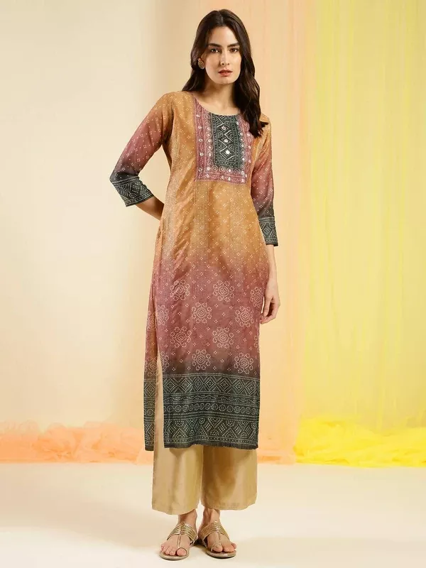Orange Chinon Digital Printed With Hand Work Kurta - Himanshi - M