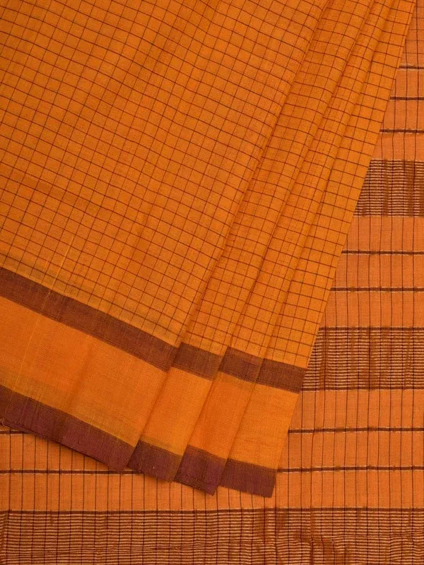 Orange Narayanpet Cotton Handloom Saree with Checks Design - Global Threads