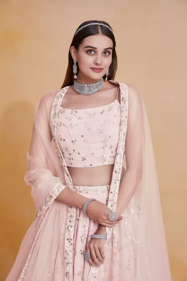 Peach Georgette Zari,Sequence Embroidery Work Lehenga Choli - Jihu Culture - XXS