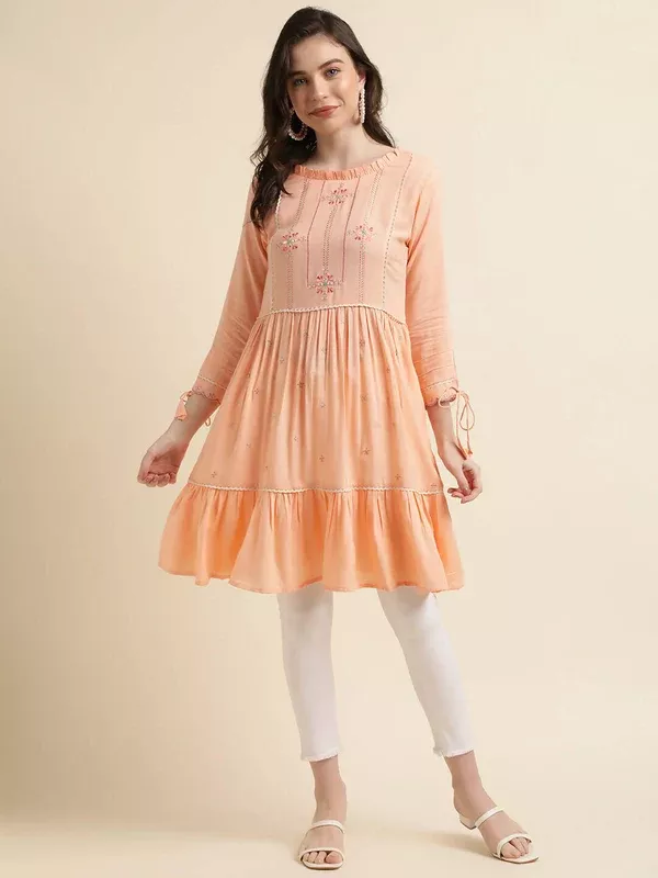 Peach Poly Cotton Yoke Embroidered A-line Top - Tarini - S