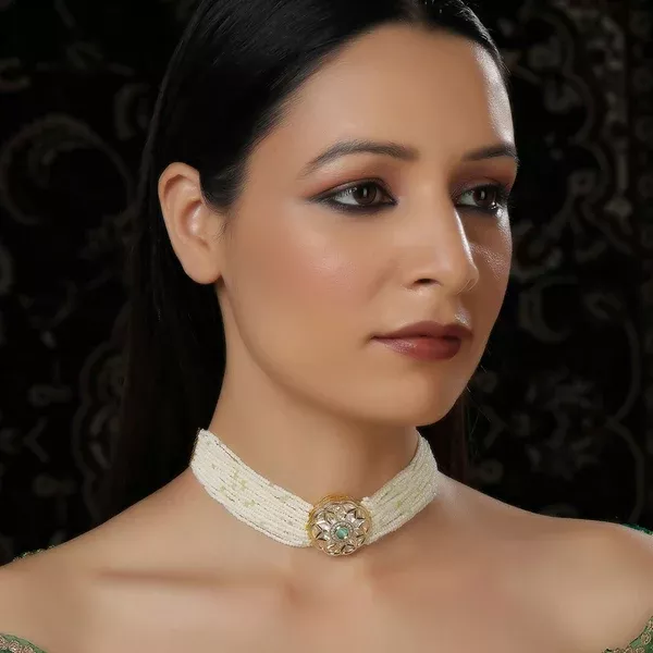 Pearl and Kundan Choker with Intricate Flower Design (White) - Ruby Raang - One Size