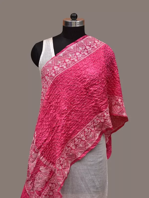 Pink Bandhani Silk Stole with Embroidary Work Design - Global Threads