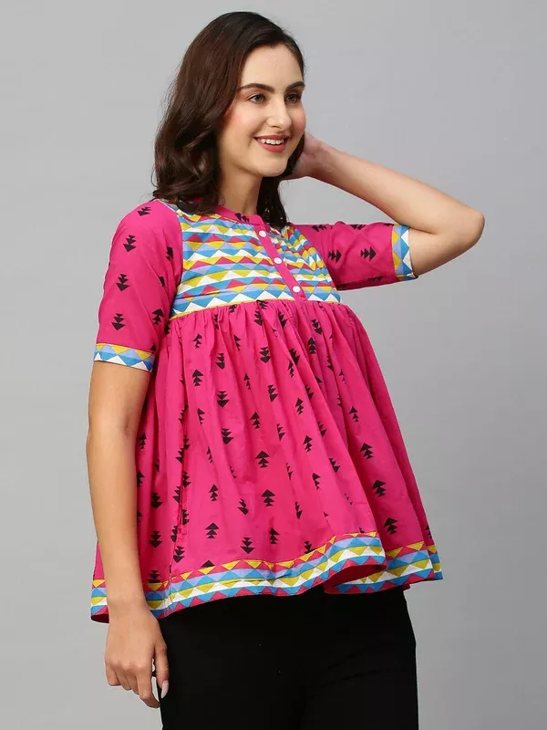 Pink & Black Pure Cotton Printed A-Line Top - Bosky - XS