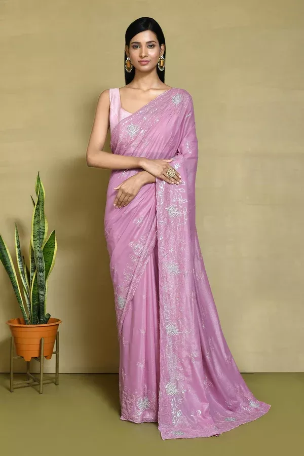 Pink Crepe Silk Sequence Embroidered with Stone work Saree - Nimaya Benzy