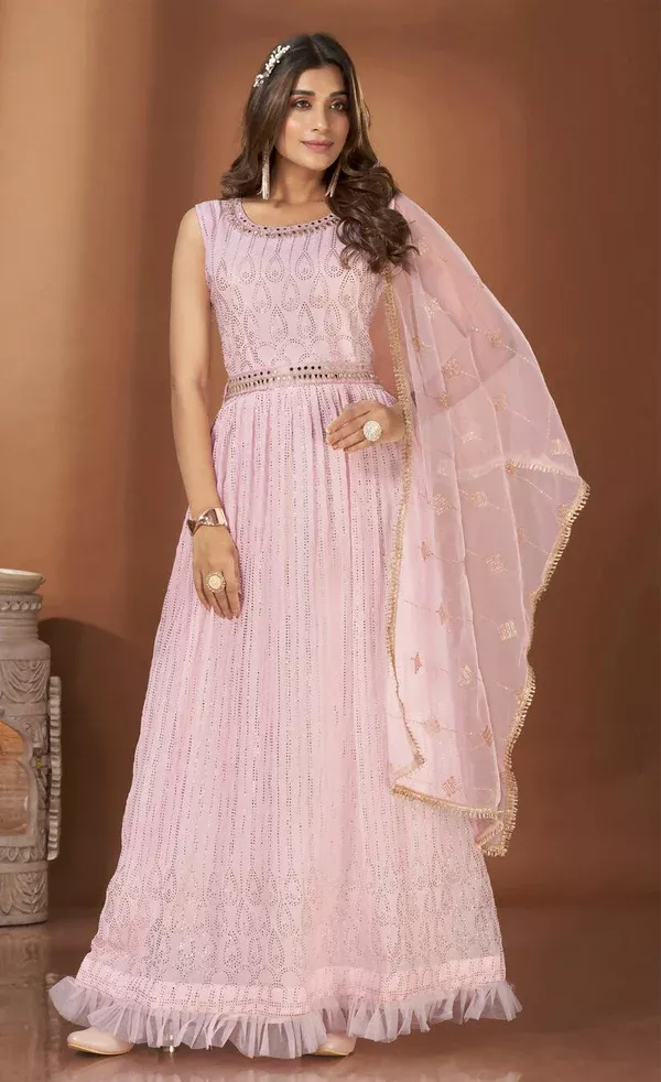 Pink Georgette Crush Mirror Work Gown With Duppatta - Shaili - 36