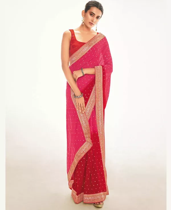 Pink Georgette Foil Printed Saree With Unstitched Blouse Piece - Nitya