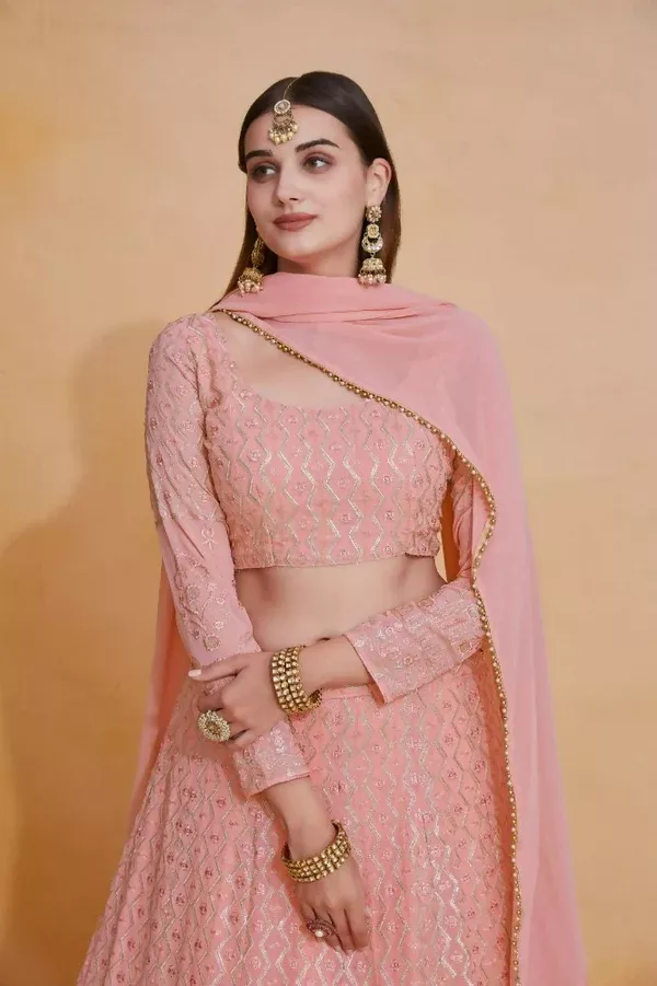 Pink Georgette Thread Sequence Embroidery Work Lehenga Choli - Jihu Culture - XXS