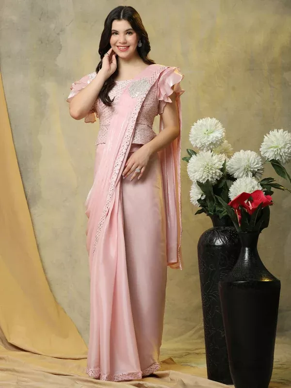 Pink Silk Satin Sequence Work Ready to Wear Saree with stitched Blouse - Nirvana - Free Size