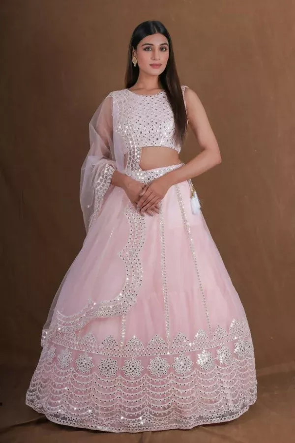 Pink Zari Foil Mirror Embroidery Work Lehenga Choli With Dupatta - Jihu Culture - XXS