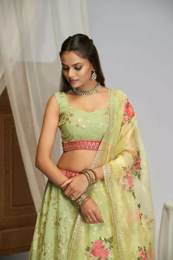 Pista Green Floral Georgette Sequence Work Lehenga Choli - Jihu Culture - XXS