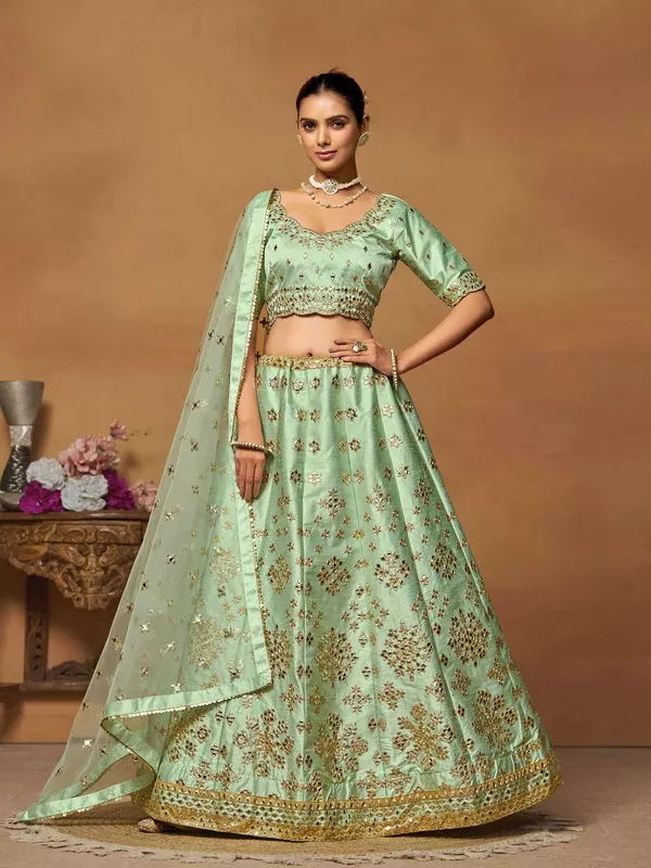 Pista Green Mulberry Silk Foil Paper Mirror Work Lehenga Choli - Jihu Culture - XXS