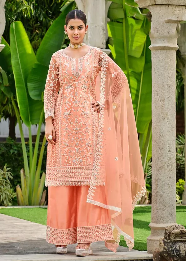 Pretty Peach Stone & Cording Work Festive Palazzo Suit - Emponline - S