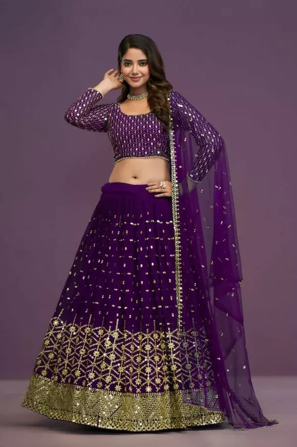 Purple Georgette Embroidery Sequence Work Lehenga Choli Set - Jihu Culture - XXS