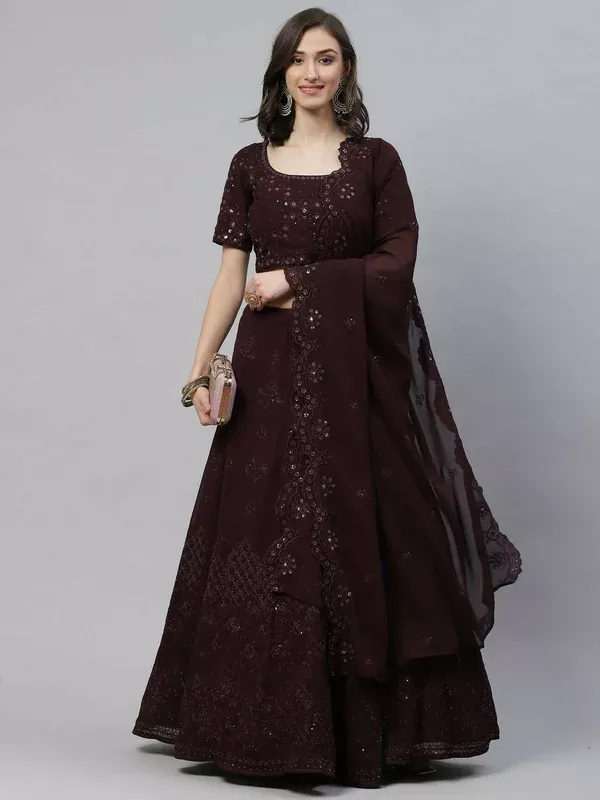 Purple Georgette Thread with Sequins Embroidered work Lehenga Choli with Dupatta - Jivika - Stitched Upto 42