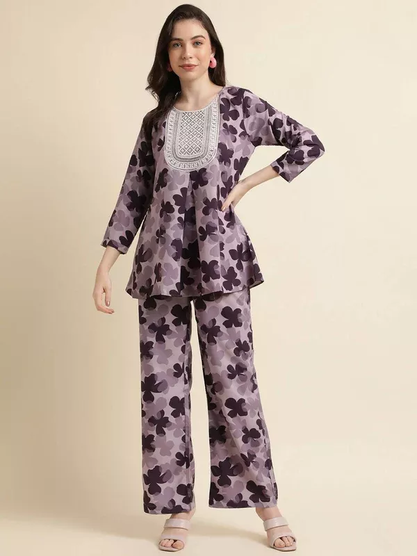 Purple Poly Crepe Digital Printed Top with Matching Bottom - Preeti - S