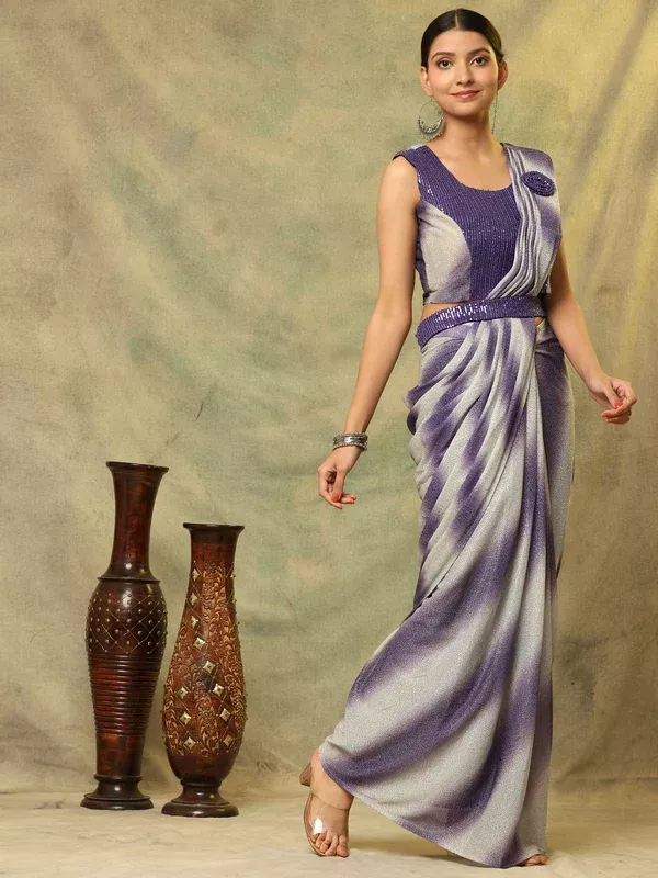 Purple Polyester Solid Ready to Wear Saree with stitched Blouse - Aayan - Free Size