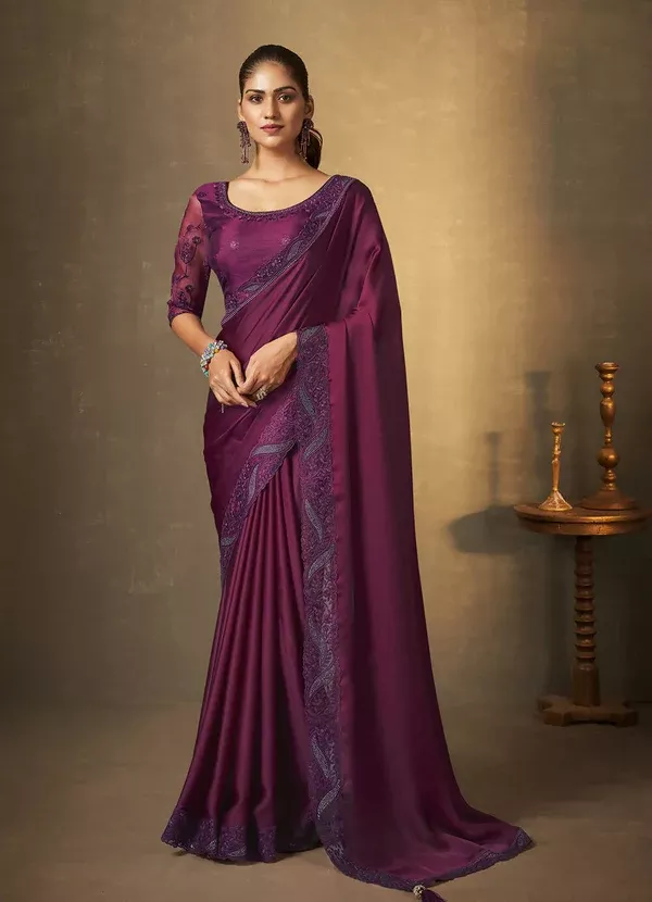 Purple Satin Silk Thread Embroidered with Swaroski Work Saree With Unstitched Blouse Piece - Norita Royal Erisha