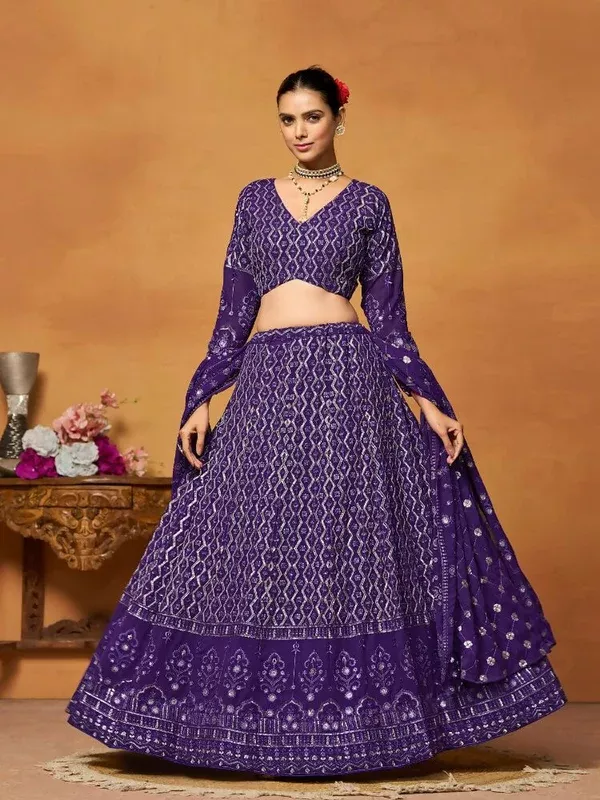 Purple Thread Sequence Embroidered Georgette Lehenga Choli - Jihu Culture - XXS