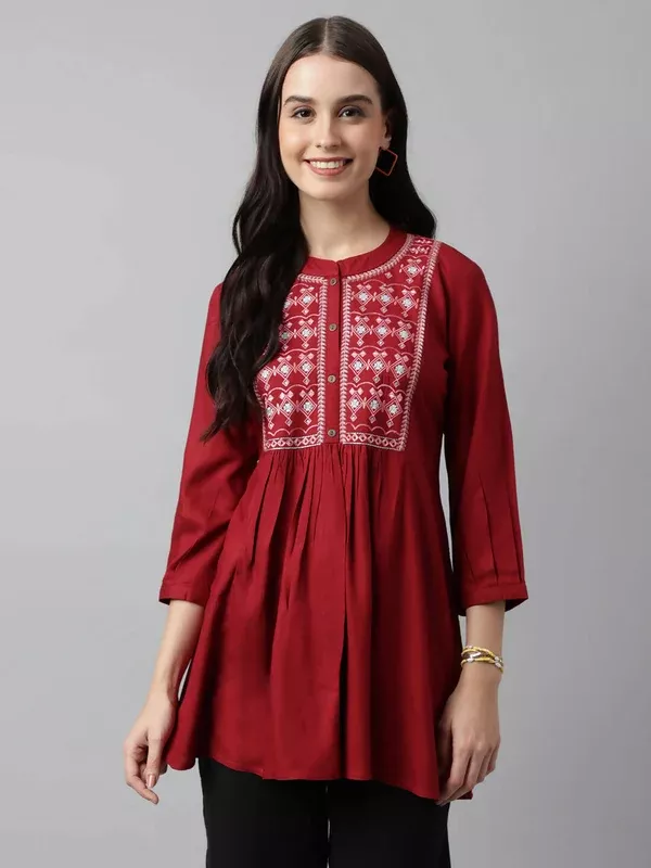 Red Rayon Yoke Embroidered A-line Top - Tarini - S