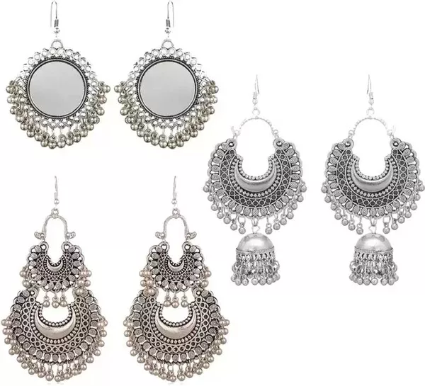 Silver-Plated Alloy Oxidised 3 Earrings Combo - The Pari