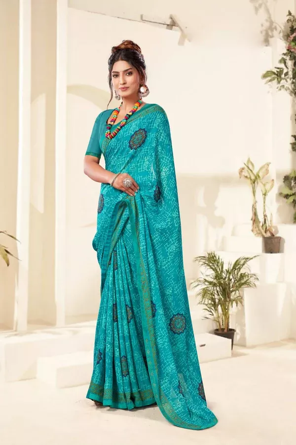 Sky Blue Georgette Texture Printed Saree with Unstitched Blouse Piece - Akansha