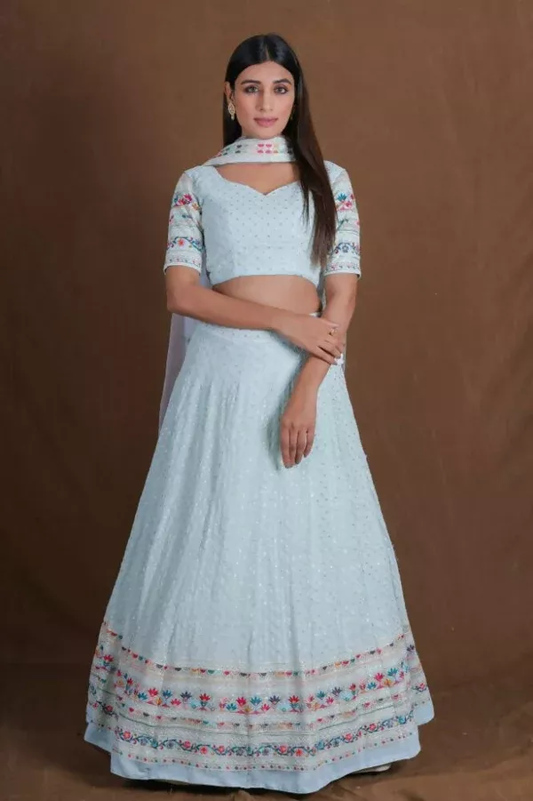 Skyblue Georgette Multicolor Thread Embroidery Work Lehenga Choli - Jihu Culture - XXS