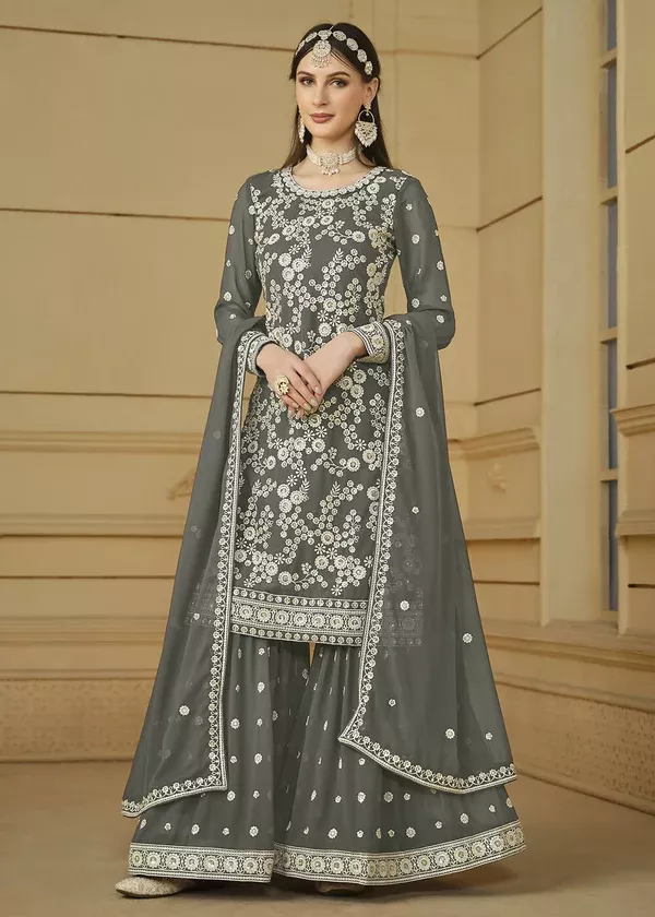 Stone Grey Embroidered Georgette Gharara Style Suit - Emponline - S