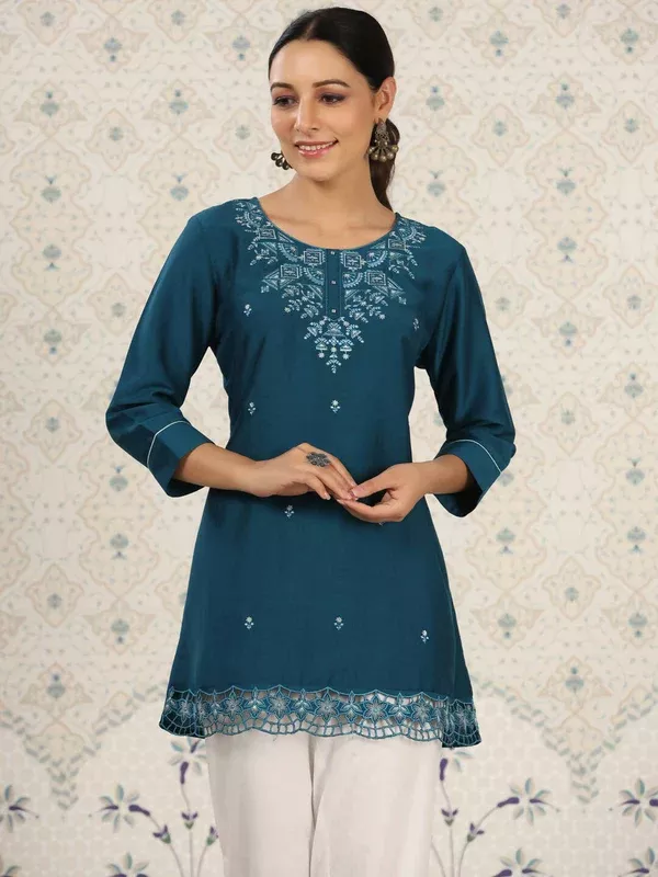Teal Chinon Embroidered Straight Top - Zeny - S