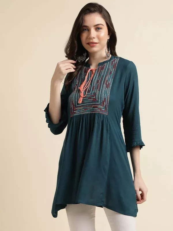 Teal Rayon Yoke Embroidered A-line Top - Tarini - S