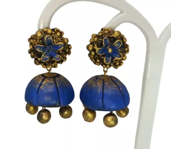 Terracota Beautiful Blue Terracotta Flower Studs with Jhumkas