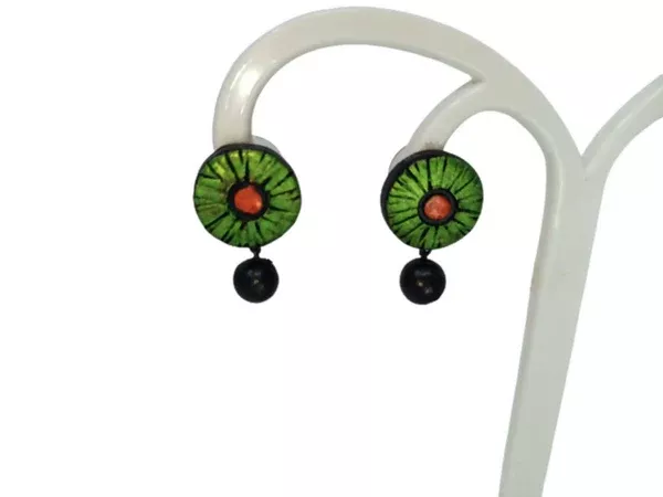 Terracotta Button Tops Ear Studs With Drops - Golden Brown