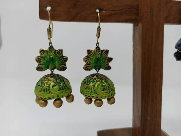 Terracotta Peacock Large Temple Jhumkas - Metallic Blue