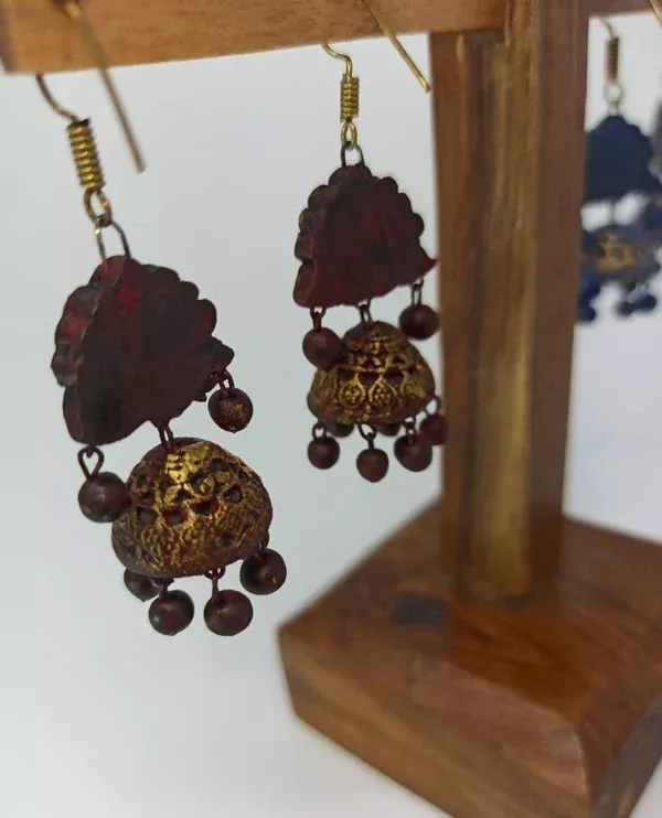 Terracotta Peacock Stud jhumkas - Maroon
