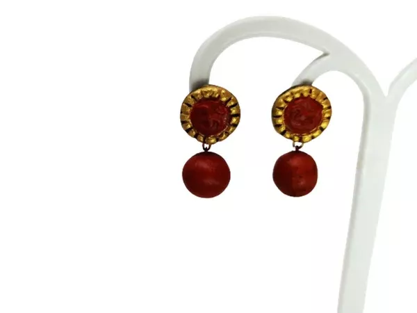 Terracotta Stud With Round Drop Earrings - Red