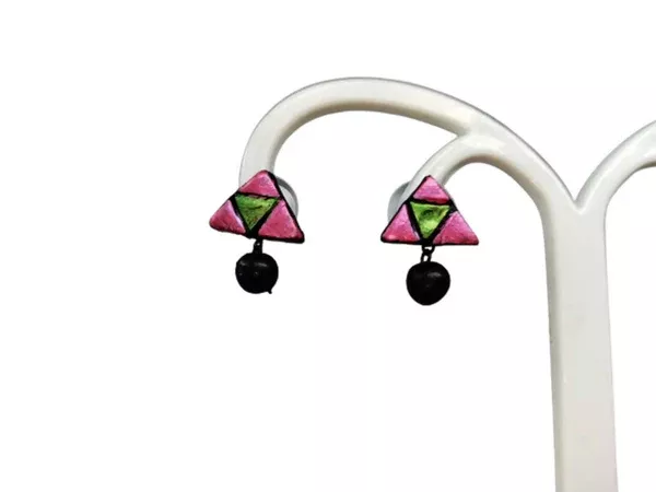 Terracotta Triangle Ear Studs With Drops - Pink