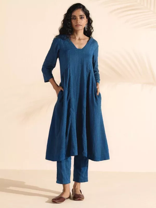 trueBrowns Blue Cotton Dobby Flared Kurta Pant Set - 2XS