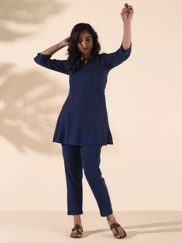 trueBrowns Blue Cotton Dobby Regular Co-ord Set - 2XS