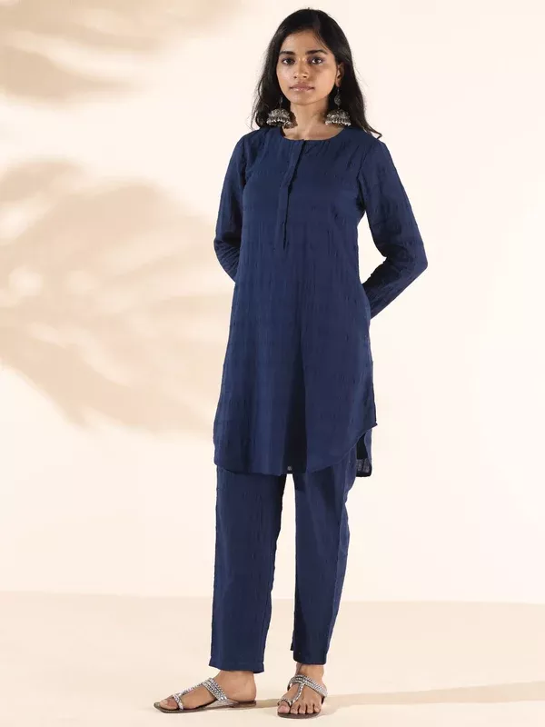 trueBrowns Blue Cotton Dobby Relaxed Co-ord Set - 2XS