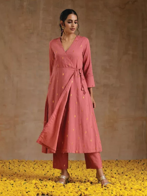 trueBrowns Blush Gold Cotton Angrakha Kurta Set - 2XS