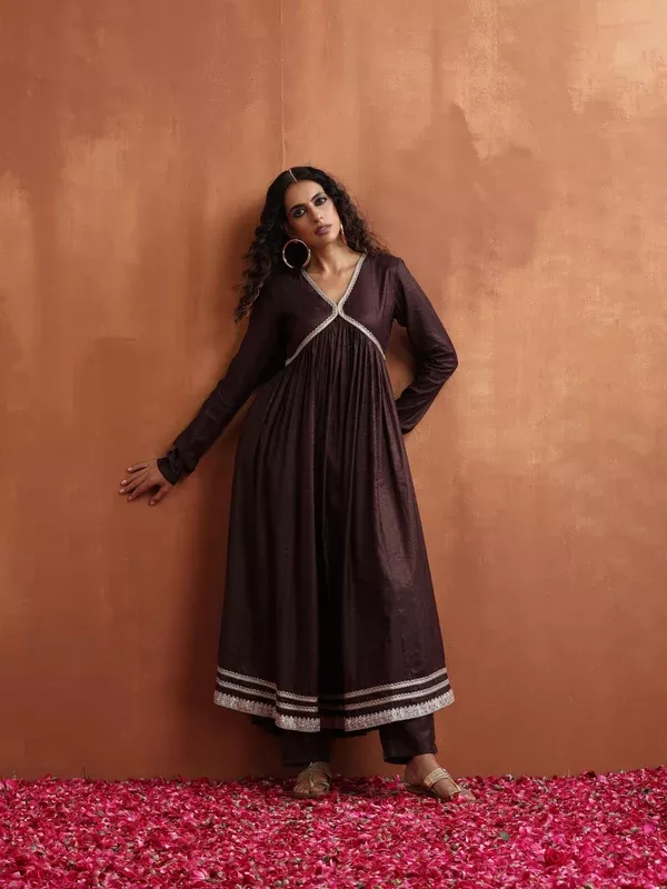 trueBrowns Brown Metallic Flared Anarkali Kurta Set - 2XS