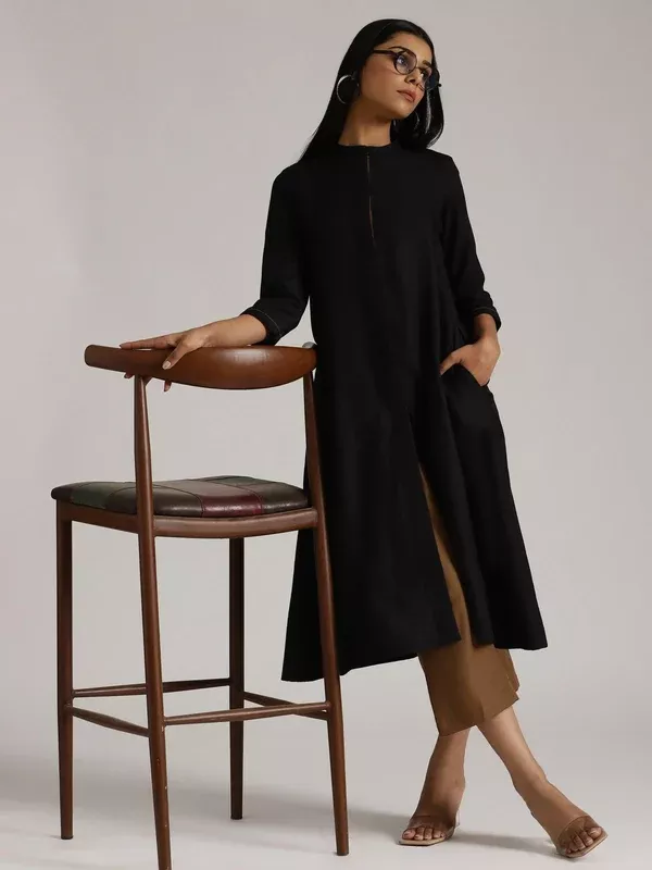 trueBrowns Cotton Linen Black Kurta Pant Set - 2XS