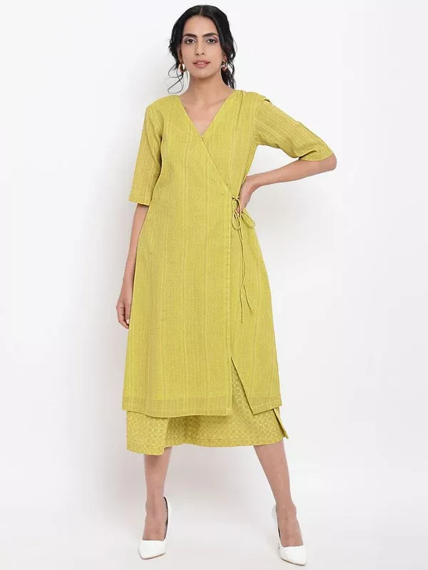 trueBrowns Green Cotton Angrakha Kurta Set - 2XS