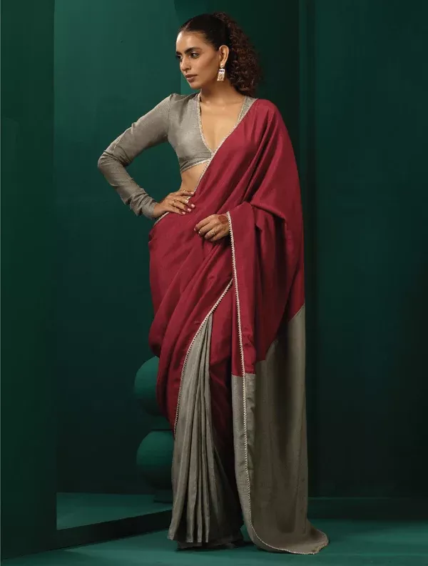 trueBrowns Grey Maroon Silk Ready to Wear Saree - Freesize