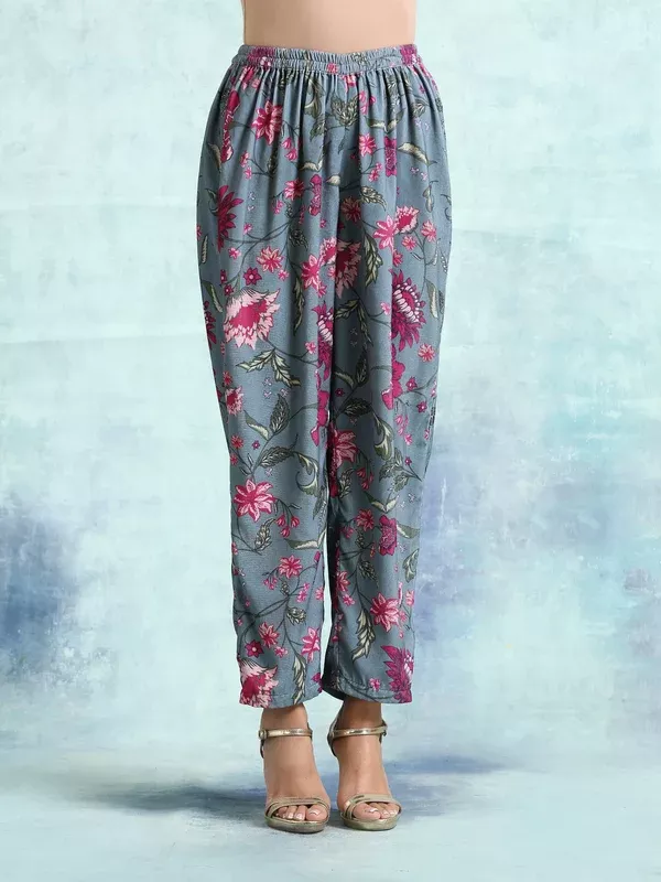 trueBrowns Grey Printed Velvet Pant - 2XS